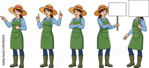 Female farmer character set holding blank sign board, agriculture and organic farming illustration isolated on white background design