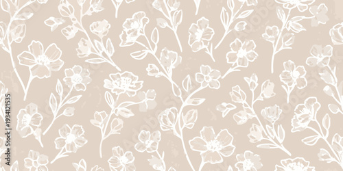 Delicate floral pattern with sketched wildflowers on a beige background