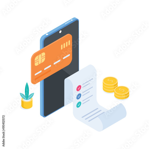 A trendy isometric illustration of a mobile banking application.