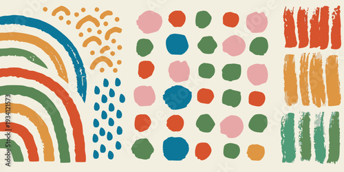 Abstract colorful shapes and brushstrokes on a cream background