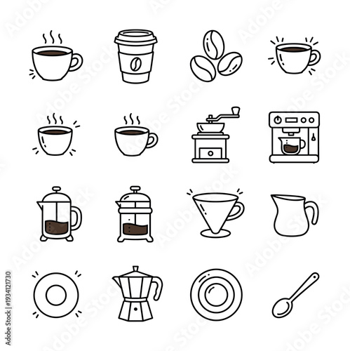 Collection of simple line art icons representing various coffee making tools and beverages