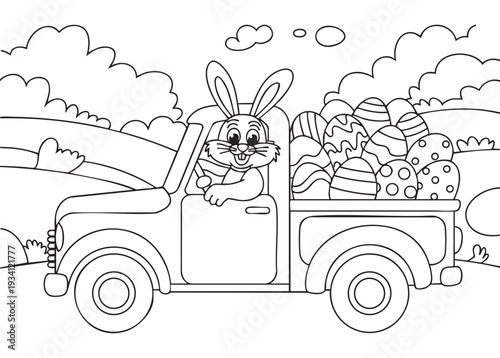 bunny the car in the forest. vector coloring page