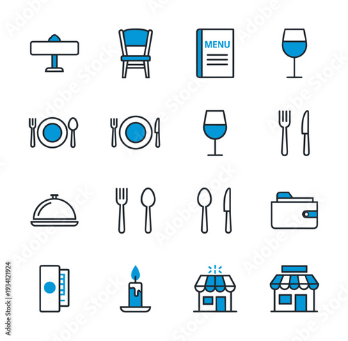 Collection of restaurant and dining icons in a clean, modern, flat design style