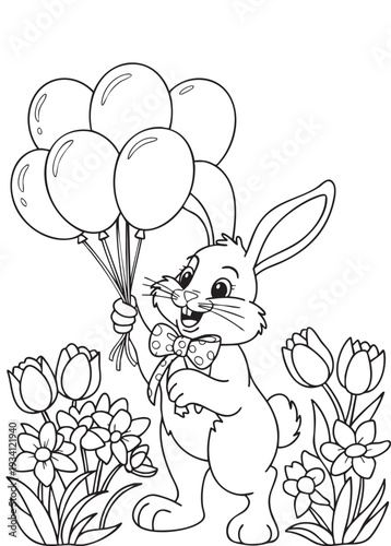 funny bunny with a flower, kids coloring page
