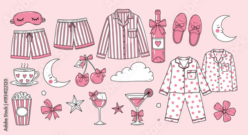 Cute pajama party elements set with striped sleepwear, polka dot pajamas, wine, popcorn, and moon, cad drawing flat vector illustration