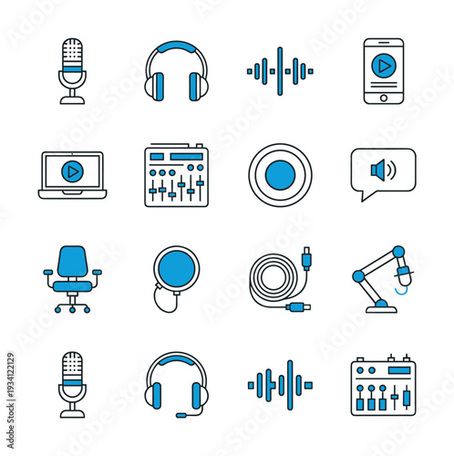 Set of icons for audio recording and podcasting equipment and tools