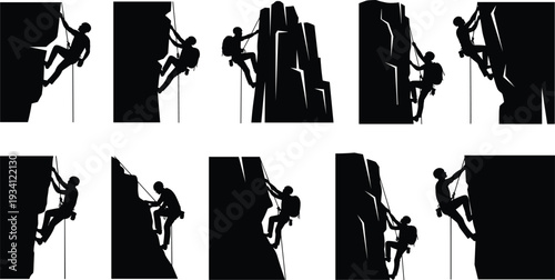 Black silhouette set of rock climbers, mountain climbing athletes, rappelling, bouldering, extreme outdoor adventure, cad drawing, flat vector illustration, white background.