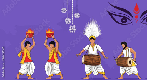 Durga Puja Festivities: Dhunuchi Dance, Dhak Drummers & Goddess Eyes Illustration for Bengali Celebrations