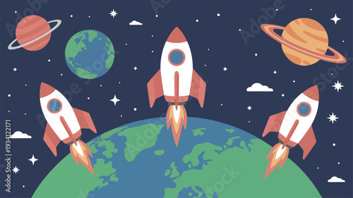 Three cartoon rockets launch from Earth into starry space