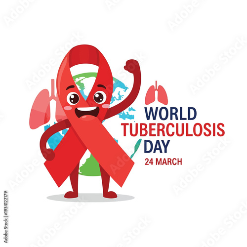World Tuberculosis Day character with red ribbon and globe