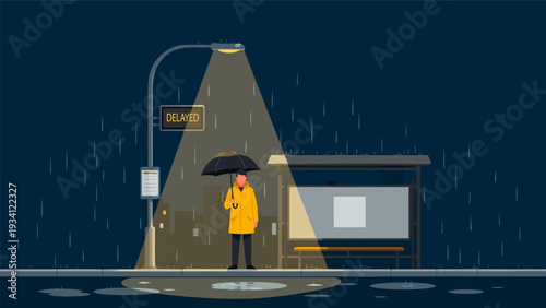 Vector Illustration of Person in Yellow Raincoat Waiting at Bus Stop Under Umbrella on Rainy Night Against Dark Blue Sky with Streetlight Glow
