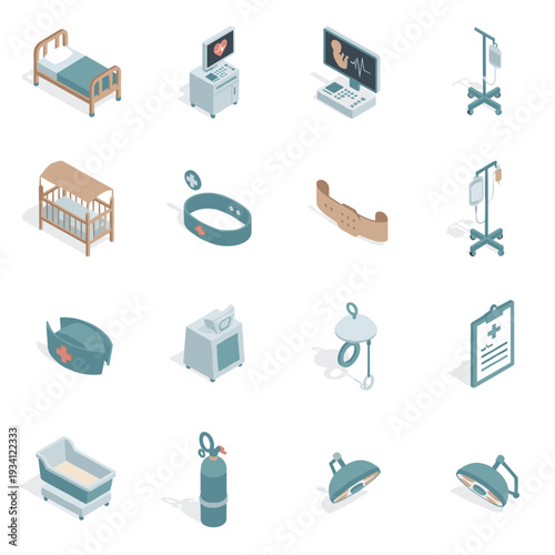 Collection of isometric medical equipment and hospital supplies for healthcare services