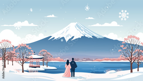 Couples Holding Hands in Snowy Mountain Lake Vector Illustration