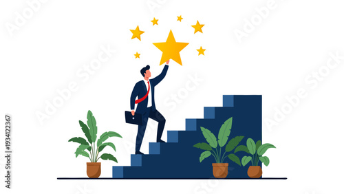 Cartoon Businessman Climbing Staircase Toward Yellow Star with Vector Illustration and Potted Plants