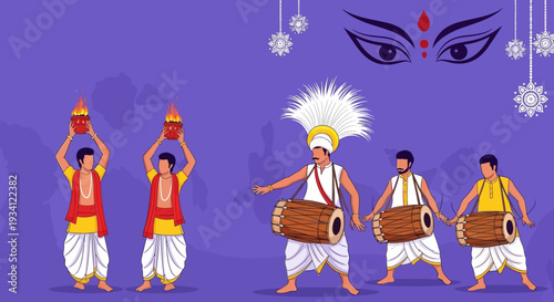 Vibrant Indian Festival Celebration: Men Playing Dhol and Performing Aarti with Goddess Durga Eyes Background. Traditional Hindu Culture Illustration.