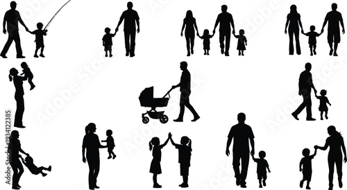Vector illustration of stylized adults and children interacting symbolizing family, caregiving, love, culture, tradition, and education