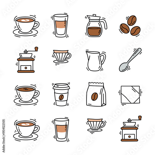 Collection of hand-drawn coffee icons featuring brewing equipment and beverages