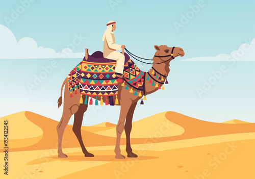 Serene Desert Camel Vector Illustration with Vibrant Colors and Decorated Rider in Cultural Landscape