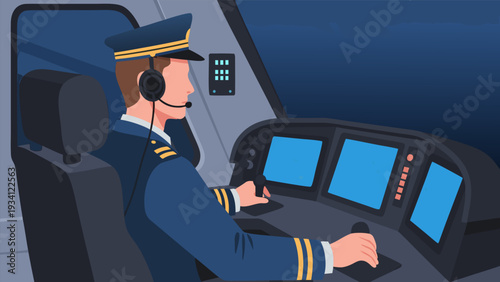 Vector Illustration of Pilot in Aircraft Cockpit with Control Panel and Blue Uniform