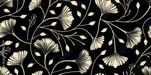 Elegant floral pattern with beige leaves and stems on a black background
