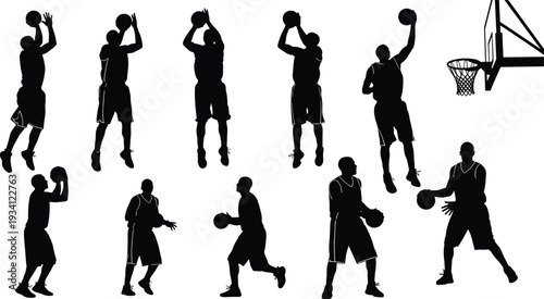 Vector illustration of stylized basketball players dribbling, shooting, passing, and dunking symbolizing sport, culture, teamwork, and education