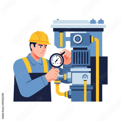 A cartoon illustration of a cute worker in a yellow hard hat checking a gauge on a large industrial machine with a dragon-like appearance in a flat, graphic style.