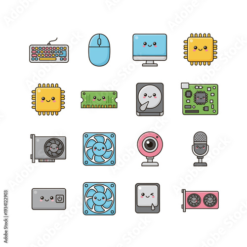 Cute computer hardware icons with kawaii faces, a fun tech illustration