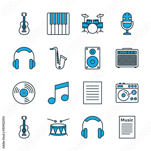 Collection of musical instruments and audio equipment icons in a grid layout