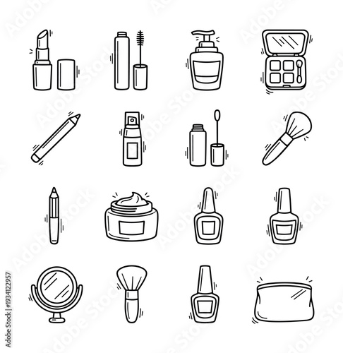 Collection of hand-drawn cosmetic and beauty product icons in a doodle style