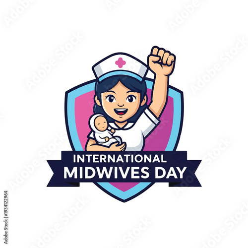 Nurse with baby and raised fist emblem for International Midwives Day