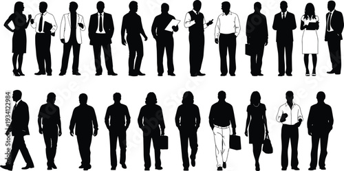 Vector illustration of stylized business professionals in detailed and solid silhouettes symbolizing workplace diversity, attire, culture, and education