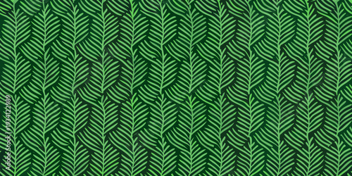 A seamless pattern of stylized green fern leaves against a dark background