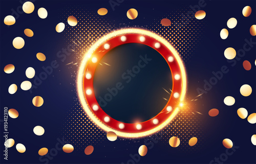 Circle retro shining win banner with gold confetti