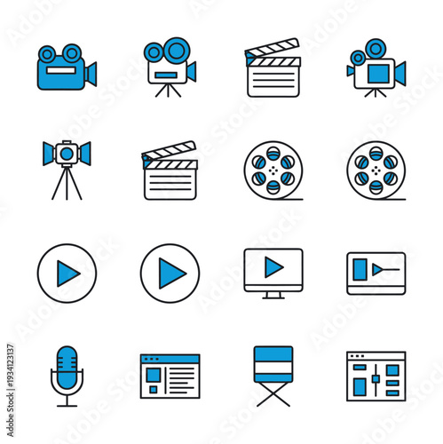 Collection of blue and black icons representing filmmaking and video production elements