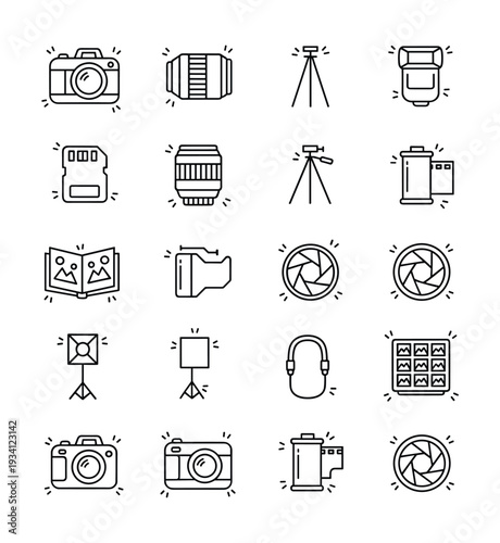 Collection of photography equipment icons in a clean, modern line art style