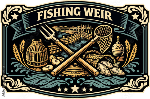 Fishing Weir Vintage Nautical Badge Vector