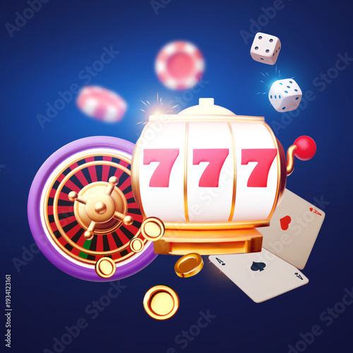Gambling design. Roulette wheel, slot machine, playing chips, dice and poker cards. Casino advertising template. Mobile game