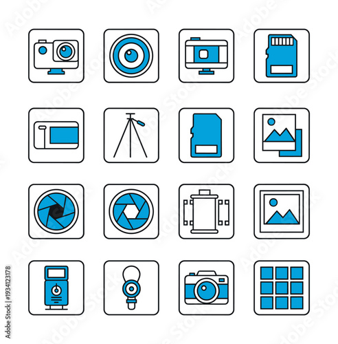 Collection of photography icons including cameras, lenses, and accessories in blue and white