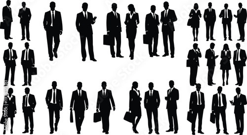 Vector illustration of stylized business professionals in suits symbolizing workplace diversity, leadership, communication, culture, and education