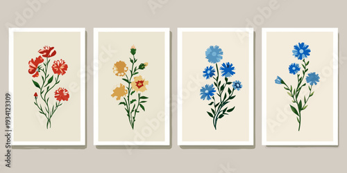 Four botanical prints displaying colorful wildflower arrangements in frames
