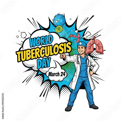 World Tuberculosis Day Doctor Cartoon with Medical Symbols