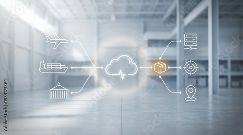 Logistics, supply chain, technology, warehouse, cloud computing, shipping, automation concept showing global transportation icons and digital data management in industrial space.