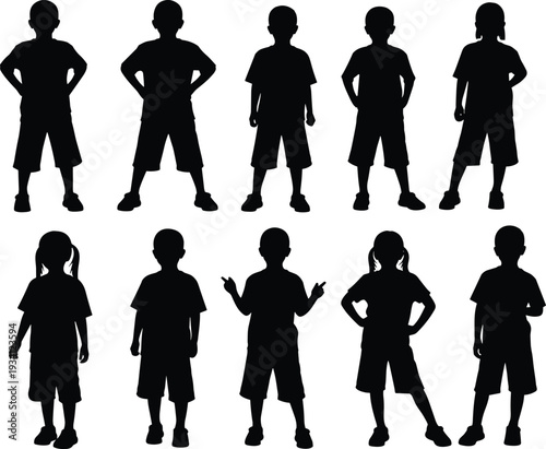 Vector illustration of stylized child silhouettes in diverse poses symbolizing identity, play, culture, tradition, and education