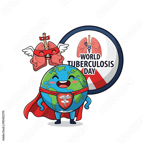 World Tuberculosis Day Earth Mascot with Lungs and Shield