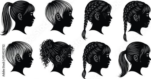 Vector illustration of stylized children’s hairstyles in silhouette symbolizing diversity, culture, tradition, identity, and education