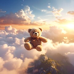A teddy bear floats serenely amidst fluffy clouds at sunset