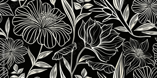 Fotografi Elegant black and white floral pattern featuring stylized botanical illustration