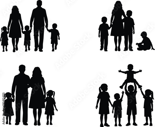 Vector illustration of stylized family silhouettes symbolizing identity, relationships, culture, tradition, diversity, and education