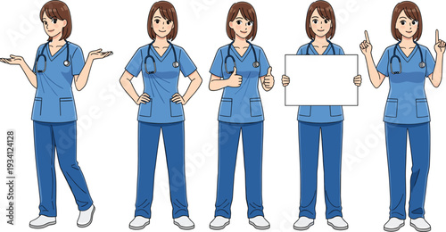 Female nurse character set in medical scrubs showing different gestures, healthcare professional avatar isolated on white background illustration