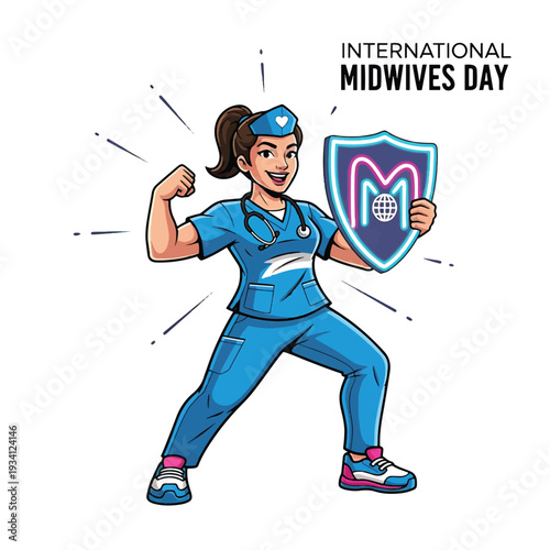 Female nurse superhero with shield for International Midwives Day